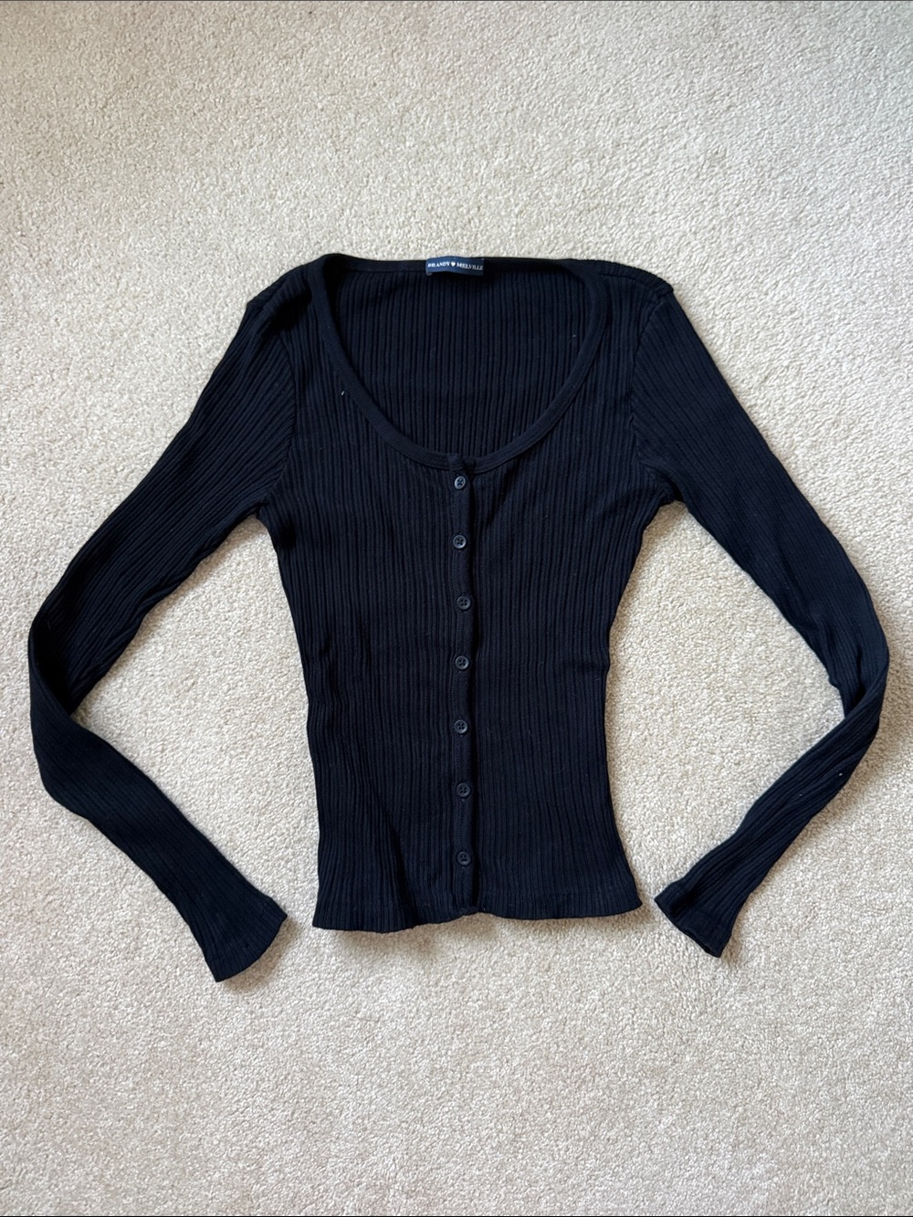 brandy melville Black Ribbed Button-Front Long-Sleeve Top (one size)